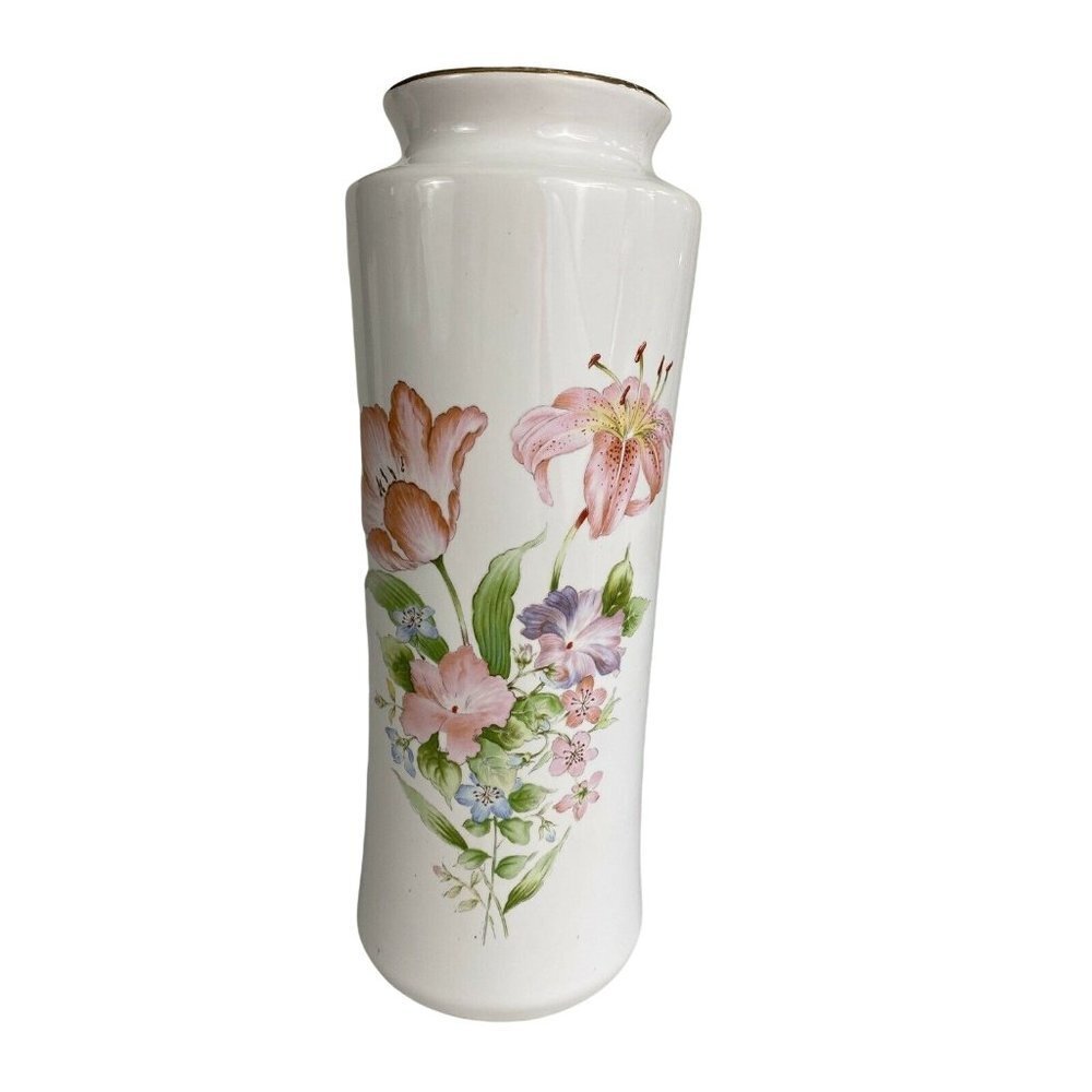 VTG 80s Action Japan Floral‎ Porcelain Vase White Pink Lily Gold Rim Cottagecore